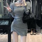 Square-neck Striped Mini Bodycon Dress Black - One Size