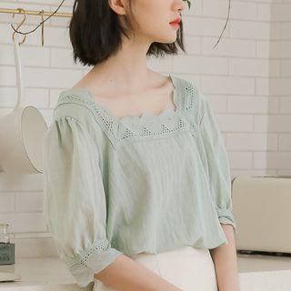 Elbow-sleeve Square Neck Blouse Green - One Size