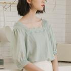 Elbow-sleeve Square Neck Blouse Green - One Size
