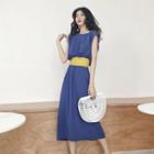 Set: Sleeveless Midi A-line Dress + Belt Dress - Blue - One Size / Belt - Yellow - One Size