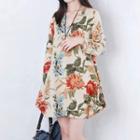 Floral Print Long-sleeve Linen A-line Dress