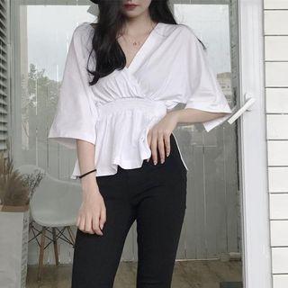 3/4-sleeve Elastic-waist Top
