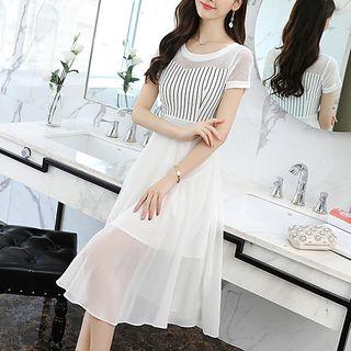 Short-sleeve Striped Panel A-line Chiffon Dress