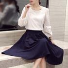3/4-sleeve Plain Top / Plain Shirred A-line Skirt