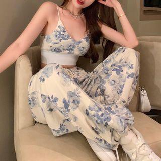 Set: Floral Print Cropped Camisole Top + Harem Pants