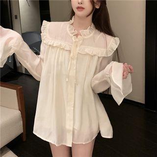Bell-sleeve Ruffled Collar Tie-neck Blouse