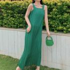 Wide Strap Accordion Pleated Maxi A-line Dress