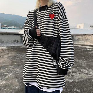 Sweetheart Embroidered Striped Round Neck Pullover Stripe - One Size