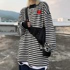 Sweetheart Embroidered Striped Round Neck Pullover Stripe - One Size