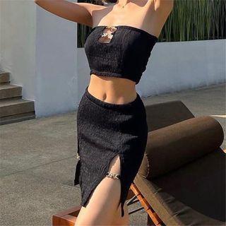 Set: Strapless Crop Top + Slit Mini Pencil Skirt