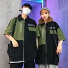 Couple Matching Color Block Elbow-sleeve Zip Jacket