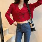 Cropped Double-breasted Long-sleeve Knit Top