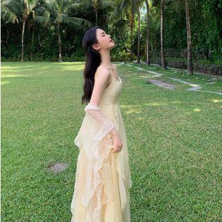 Spaghetti-strap Ruffled Maxi A-line Dress / Shawl