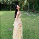 Spaghetti-strap Ruffled Maxi A-line Dress / Shawl