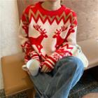Round-neck Christmas Deer Color Block Sweater