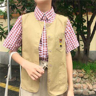 Plaid Short Sleeve Shirt / Bear Embroidered Vest