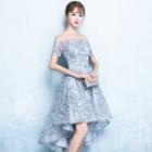 Off-shoulder Floral Appliqued Dip-back Prom Dress
