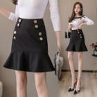 High-waist Button Ruffle Hem Mini Skirt