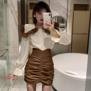 Frilled Collar Blouse / Shirred Faux Leather Mini Skirt