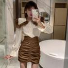 Frilled Collar Blouse / Shirred Faux Leather Mini Skirt