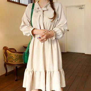 Tie-neck Frilled Midi Corduroy Dress