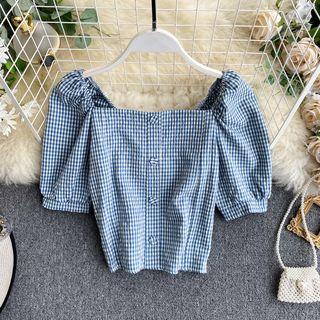 Short-sleeve Square-neck Gingham Blouse