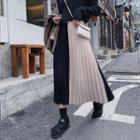 Two Tone Pleated Knit Midi Skirt Black - One Size