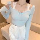 Long-sleeve Lace Panel T-shirt Light Blue - One Size