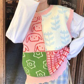Pattern Sweater Vest Pink & Green & White - One Size