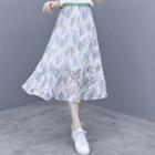 Set: Printed Short-sleeve T-shirt + Cactus Print Midi A-line Skirt