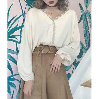 V-neck Long-sleeve Blouse / Mini Skirt