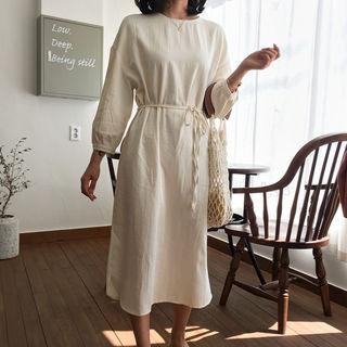 Round-neck Cotton Midi Dress With Sash