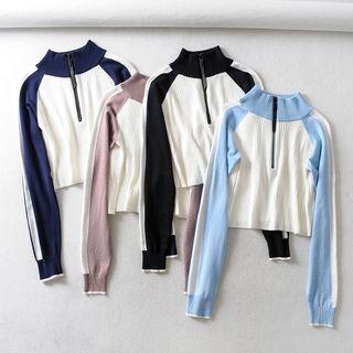 Mock-neck Half-zip Two-tone Knit Crop Top