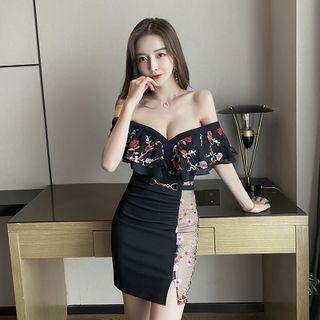 Elbow-sleeve Off-shoulder Floral Panel Mini Sheath Dress