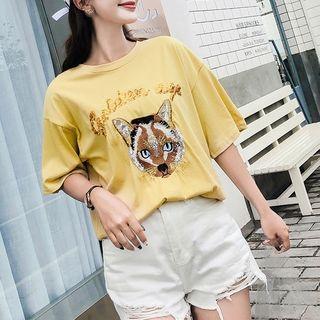 Cat Sequined Loose-fit Short-sleeve T-shirt