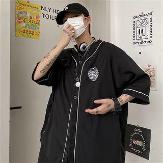 Elbow-sleeve Lettering Print Button-up T-shirt