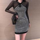 Long-sleeve Rhinestone Mini Bodycon Dress