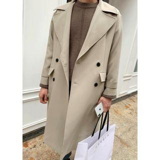 Wide-lapel Double-breasted Long Coat With Sash