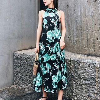 Halter Floral Print Open Back Dress