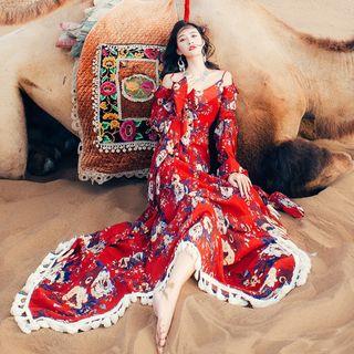 Flower Print Off-shoulder Long-sleeve Maxi A-line Dress