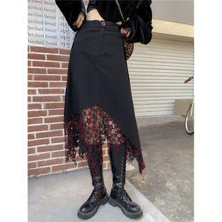Irregular Lace Panel Drawstring Midi A-line Skirt