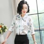 Dotted Tie-neck Elbow-sleeve Blouse / Pencil Skirt / Set