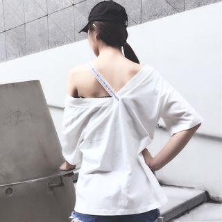 Short Sleeve Letter Lace Strap T-shirt