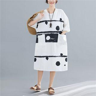 3/4-sleeve Printed Midi T-shirt Dress White - One Size