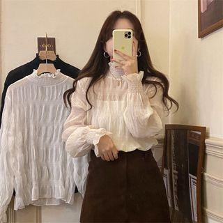Semi High-neck Ruched Fleece-lined Long-sleeve Chiffon Top