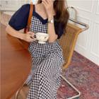 Mock Two Piece Puff-sleeve Plaid Dress Navy Blue - One Size