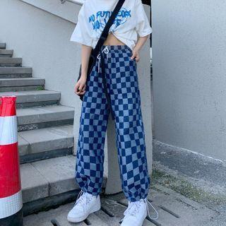 Checkerboard Print Drawstring-cuff Jeans