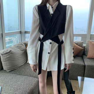 Plain Long-sleeve Slim-fit Shirt / Strappy Vest