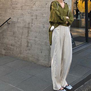 Set: Hooded Plain Top + Straight Leg Pants