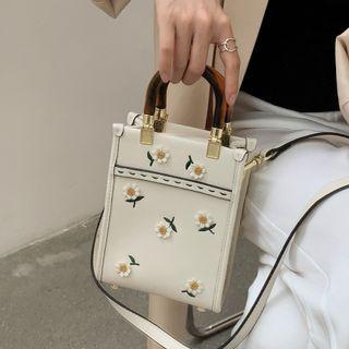 Flower Embroidered Top Handle Crossbody Bag